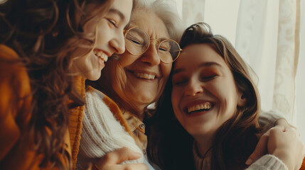 Happy girls and women of three family generations hugging each other with love, tenderness at home, feeling close family relations, bonding, laughing. Grandma, mom and kid girl meeting on mother's day