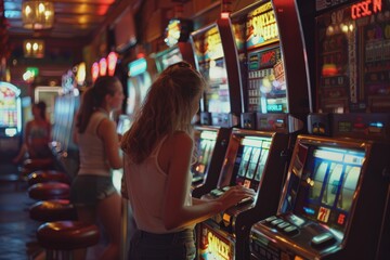 Naklejka premium Group of people playing the slot machines