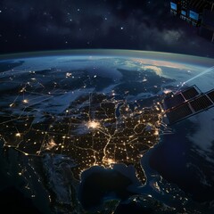 A captivating view of Earth from space with bright city lights, an abstract, wallpaper-worthy image that could be a best-seller