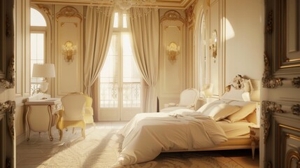 luxurious bedroom with classic design, featuring elegant furniture, ornate headboard bed, intricate wall decor. Soft natural light from large windows enhances the serene and sophisticated atmosphere
