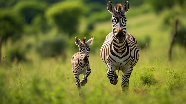 Photograph of a zebra foal playfully chasing its mother across a lush green meadow, their tails flicking in the air