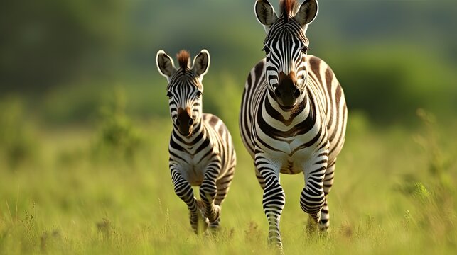Photograph of a zebra foal playfully chasing its mother across a lush green meadow, their tails flicking in the air