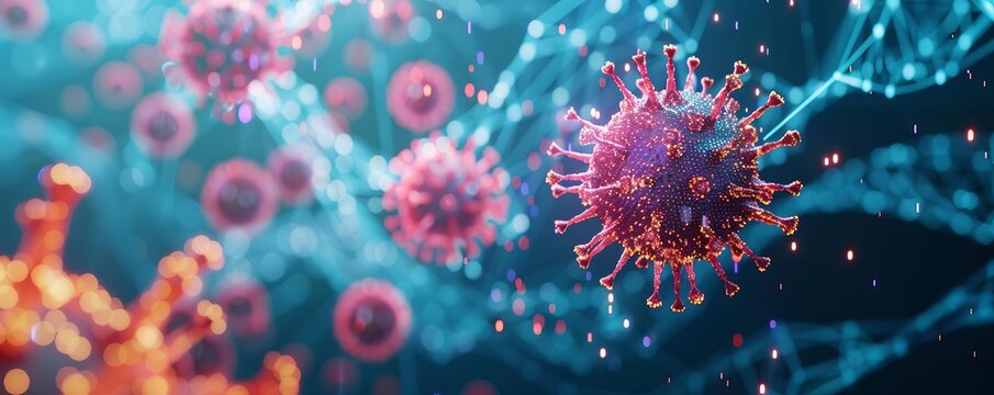 3D render of a colorful virus and cell on a blue background with a graph, in the style of a cartoon vector illustration stock photo contest winner, with high resolution