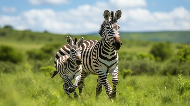 Photograph of a zebra foal playfully chasing its mother across a lush green meadow, their tails flicking in the air