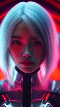 Chica cyberpunk con rasgos asi&aacute;ticos y pelo blanco, de expresi&oacute;n decidida, agresiva, soldado del futuro, scifi y neones rosas