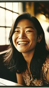 Chica asi&aacute;tica con gran sonrisa socializando en un caf&eacute;
