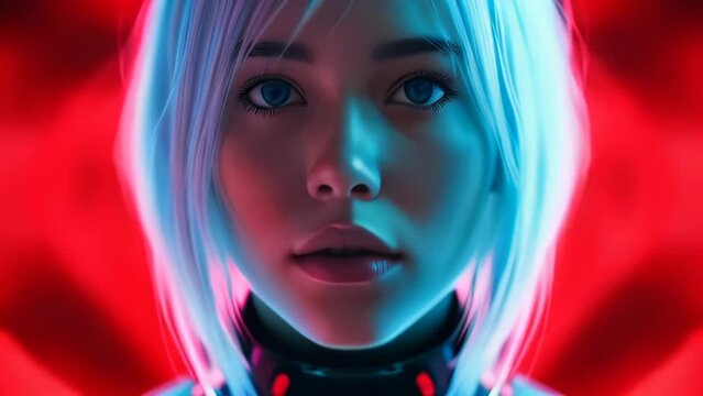 Mirada de chica transhumanista de ciencia ficci&oacute;n observando, neones rosas y pelo blanco, inteligencia artificial