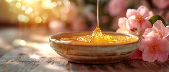 Golden honey flowing into a ceramic bowl surrounded by pink flowers on a wooden table with soft, warm sunlight in the background.