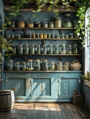 Obraz premium Rustic kitchen interior with wooden shelves holding glass jars of spices and herbs, bathed in natural light and surrounded by greenery.