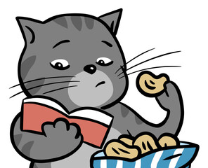 Tabby cat reads a book and eats chips. Funny pet. Cartoon vector illustration on white background. Hand drawn line