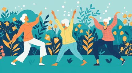 Illustration of senior women with gray hair dancing joyfully in a colorful garden. The background is filled with blooming flowers and greenery, conveying a sense of springtime and energy.