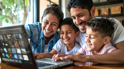 Obraz premium Happy parents and kids enjoying online entertainment with laptop, using Internet technology, application, communication, looking at computer screen together, laughing