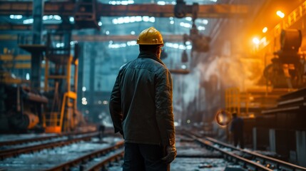 A lone worker standing on industrial train tracks in a factory setting.