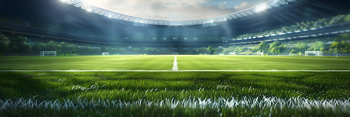 Vibrant and visually striking generative photo featuring the lush green lawn of a soccer stadium