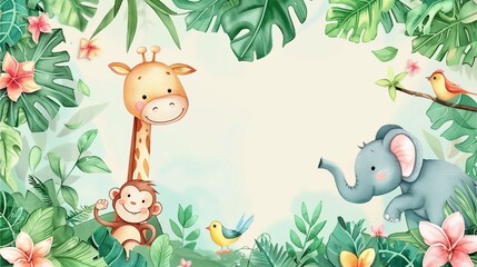 Obraz premium A cartoon watercolor drawing of a jungle scene featuring charming zoo animals.