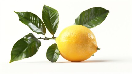 Highquality image of a whole lemon with a bright yellow skin and green leaves, isolated on a white background