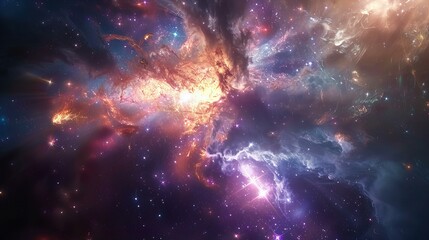 Fototapeta premium A stunning cosmic nebula with vibrant hues of red, orange, and blue, showcasing the majestic beauty of the universe with its swirling gases and twinkling stars