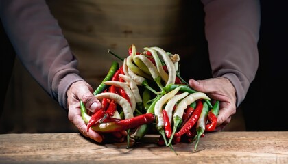 hands of a man holding red hot chili peppers, fruit seller in a farmers market