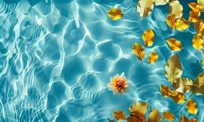 Water background. Blue aqua texture, surface of ripples, transparent, flower, shadows and yellow leaves. Spa and cosmetic concept background. Flat lay, top view, copy space, banner