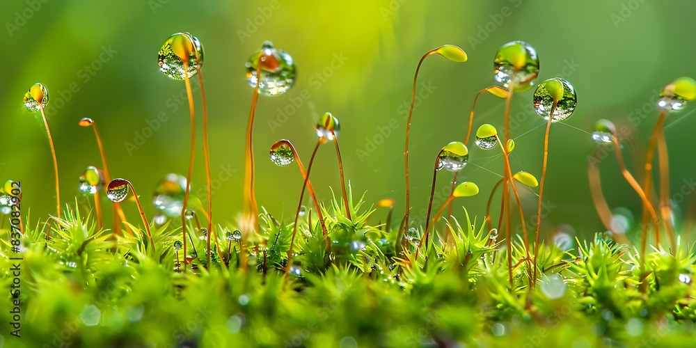 Poster macro shot of moss with dew drops. nature background.