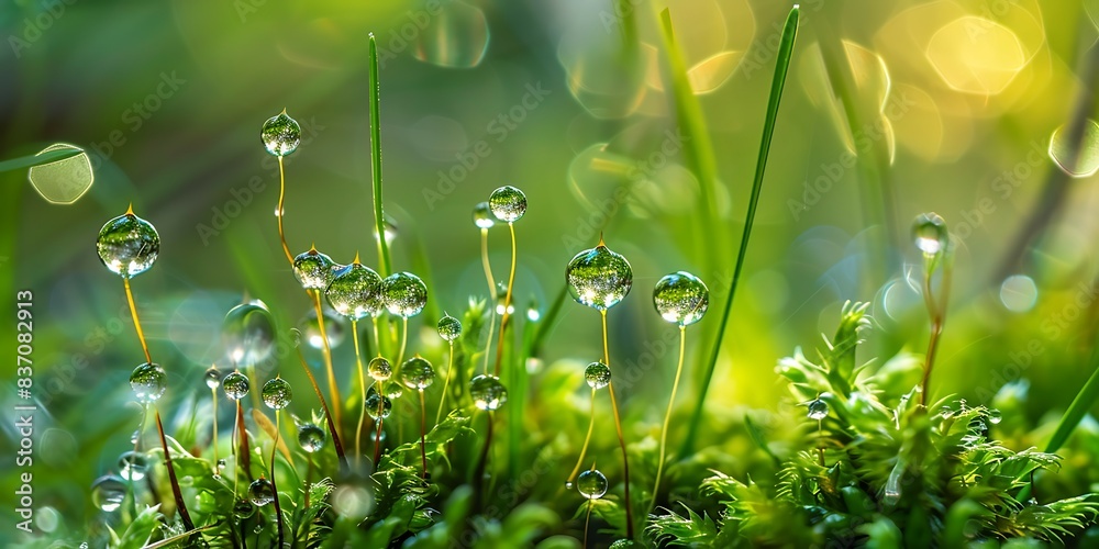 Poster macro shot of moss with dew drops. nature background.