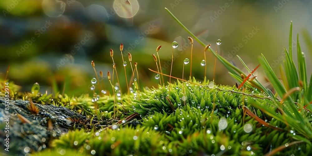 Poster macro shot of moss with dew drops. nature background.