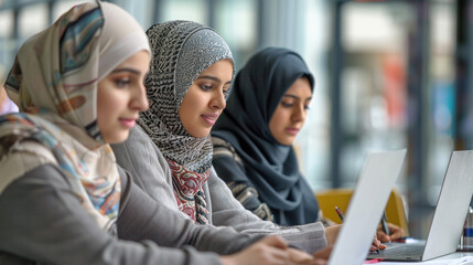 Middle east ethnicity women colleagues or students study working together seated at desk in modern office or classroom. Teamwork, cooperation, realization of common project concept