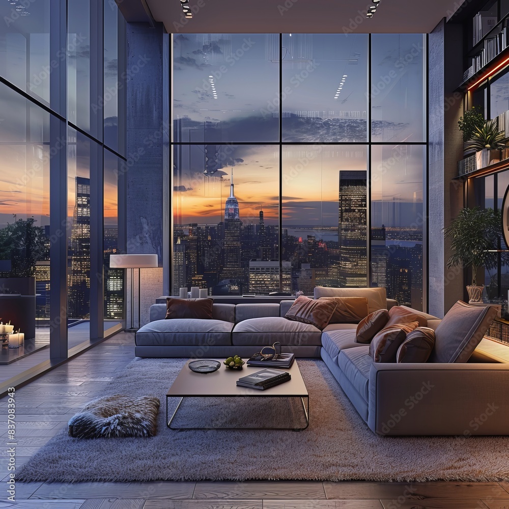 Wall mural An image of a luxurious modern apartment interior with a stunning city view at dusk, abstract wallpaper potential