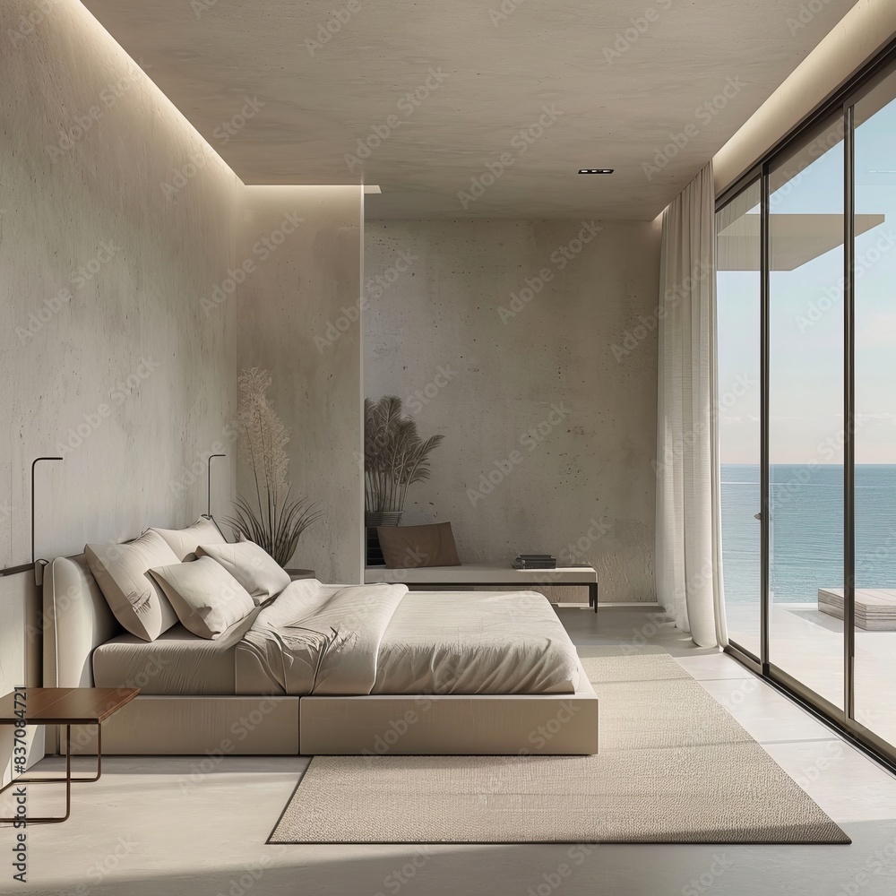 Poster An exquisite modern minimalist bedroom with full-length windows and ocean views provide a serene abstract wallpaper or background, a potential best-seller