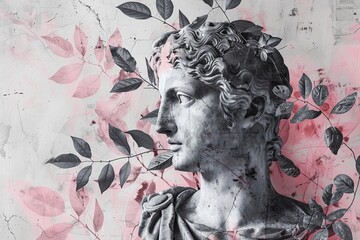 Mixed media ancient time photo collage of architecture, , floral banner of statue woman , historical illustration of person with grey and pink leaves, modern photo collage with statue , retro, AI