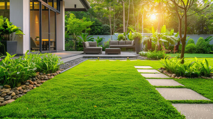 Stylish garden with green lawn, modern furniture, geometric pathways, and contemporary plants.