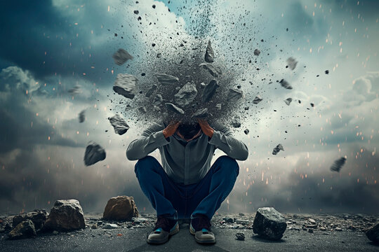 Concept of mental breakthrough and cognitive overload. A man with mind blowing in many stone pieces.