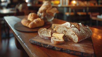 Close-up of a wooden table with artisanal bread and cheese, soft lighting enhancing the cozy restaurant setting