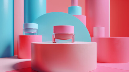 A pink and blue background with a clear jar of makeup on a pedestal