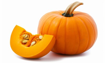 Whole orange pumpkin and slice of pumpkin isolated on white background. Clipping Path. Full Depth of field. Focus stacking