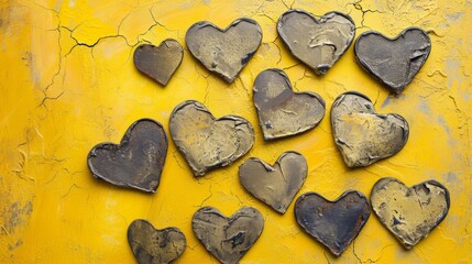 Obraz premium many old broken hearts symbol of love on yellow plaster background --ar 16:9 --quality 0.5 Job ID: d2cd84b1-1298-40d4-a5ec-7bbb6a218dd8