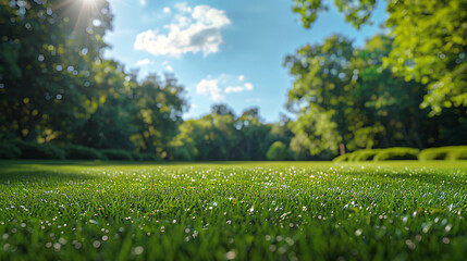 Fototapeta premium A beautiful spring nature background, a fresh-cut lawn with green grass and blurry trees, and a blue sky in the background