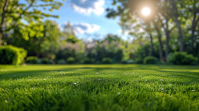 A beautiful spring nature background, a fresh-cut lawn with green grass and blurry trees, and a blue sky in the background