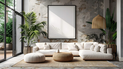 Frame mockup, ISO A paper size. Living room wall poster mockup. Interior mockup with house background. Modern interior design. 3D render