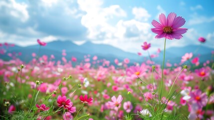 colorful pink cosmos flowers in the garden with fresh bright blue sky background - beautiful cosmos flowers in nature