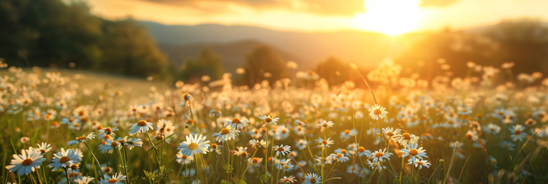 A beautiful landscape with dandelions at sunset