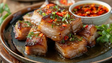 Fototapeta premium Appetizing pork belly fried to golden perfection in fish sauce, served with a rich dipping sauce, capturing the essence of delicious Asian cuisine