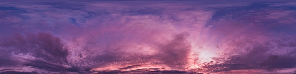 Sunset sky with bright glowing pink Cumulus clouds. Seamless spherical HDR 360 panorama. Full zenith or sky dome in 3D, sky replacement for aerial drone panoramas. Climate and weather change.