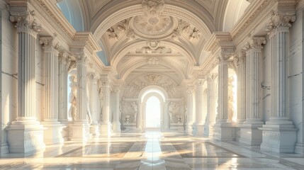 Naklejka premium Elegant interior of a grand hall with ornate columns and arches, bathed in natural light, featuring intricate architectural details.