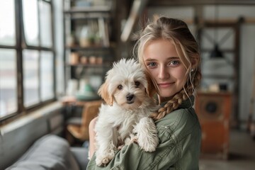 woman holding her dog in the living room of loft style home,