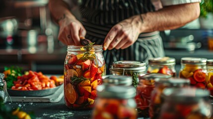 A chef preparing pickled fruit with spices in a kitchen, culinary craft theme, side view, meticulous process, digital tone, complementary color scheme - Powered by Adobe