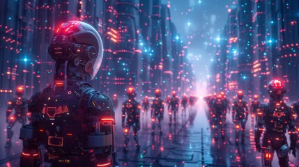 An advanced network of androids in a futuristic city, linked by glowing neon connections, each performing unique tasks