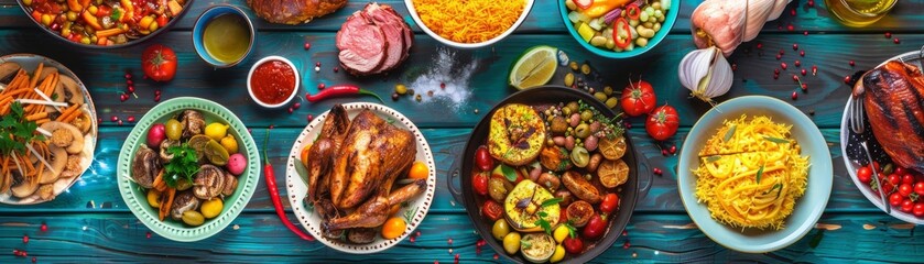 A variety of traditional dishes from different countries on a festive table, international food culture theme, top view, colorful spread, futuristic tone, colored pastel