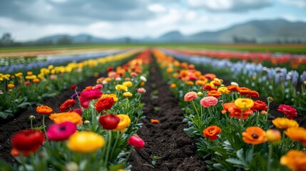 Rows of flowers being grown by farmers in a fertile field, their vibrant colors and healthy growth reflecting careful cultivation.