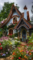 Whimsical, storybook house with a steeply pitched roof and colorful flower gardens generated by AI